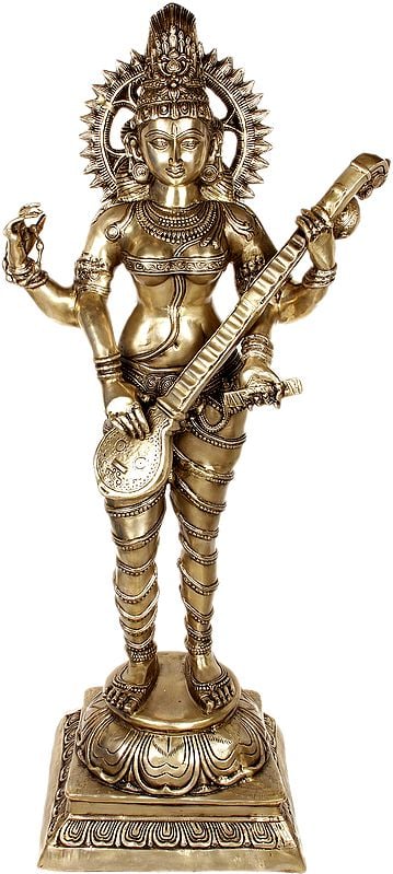 51" Large Size Vina-Vadini Saraswati In Brass | Handmade | Made In India