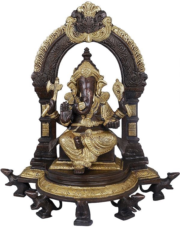 11" Lord Ganesha Seated on Throne Supported by Five Rats with Ornate Aureole In Brass | Handmade | Made In India