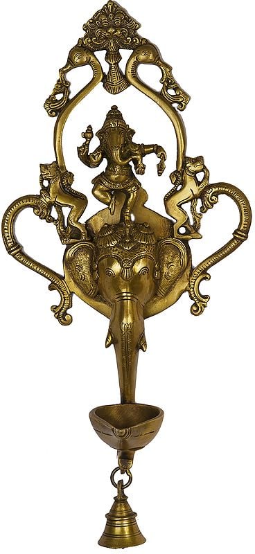 16" Dancing Ganesha Wall Hanging Lamp with Bell in Brass | Handmade | Made in India