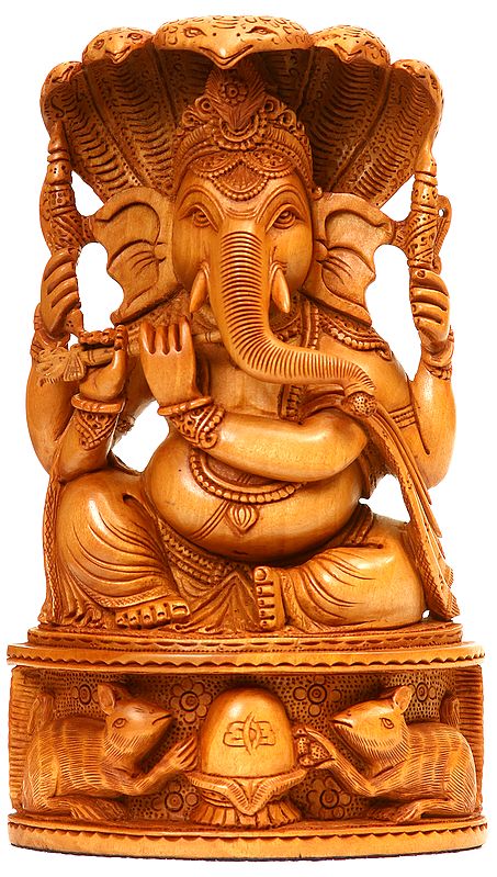 Lord Ganesha Playing Flute (Protected by Seven-Hooded Serpent)