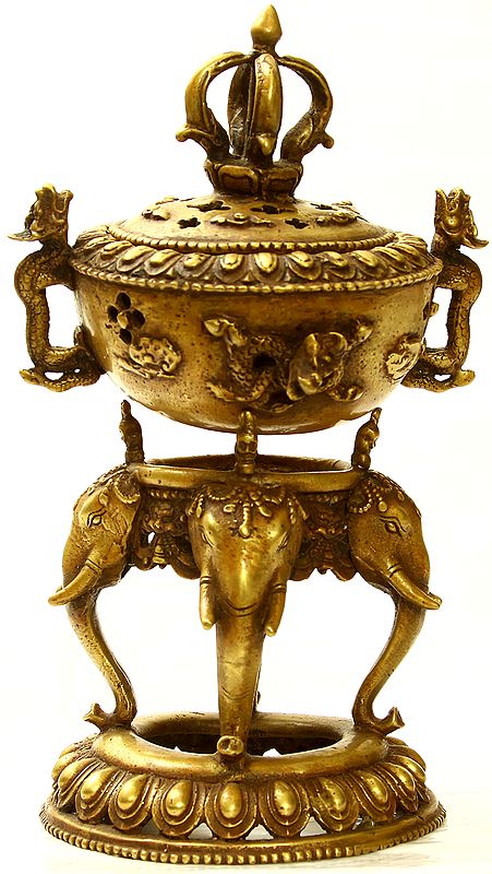 Monastery Incense Burner with Dragon Handles, Dorje Knob and Supported by Elephant Heads