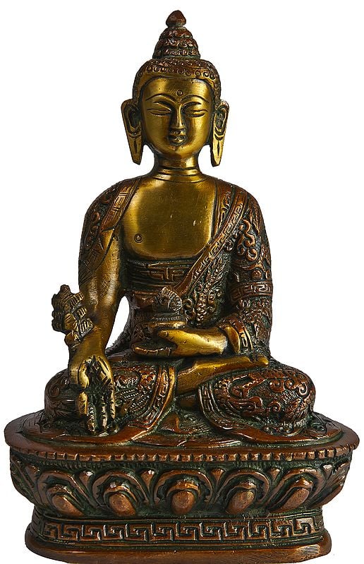 7" Brass Medicine Buddha Idol Holding Fruits and Leaves of Myrobalan Plant | Handmade