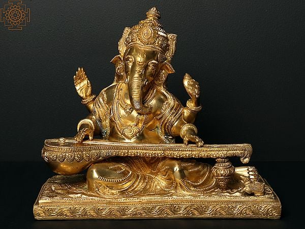 9" Vina-Vadaka Ganapati Brass Statue | Handmade | Made in India