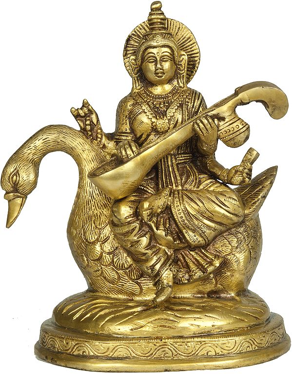 7" Brass Goddess Saraswati Idol Wearing a Sari and Seated on Swan | Handmade | Made in India