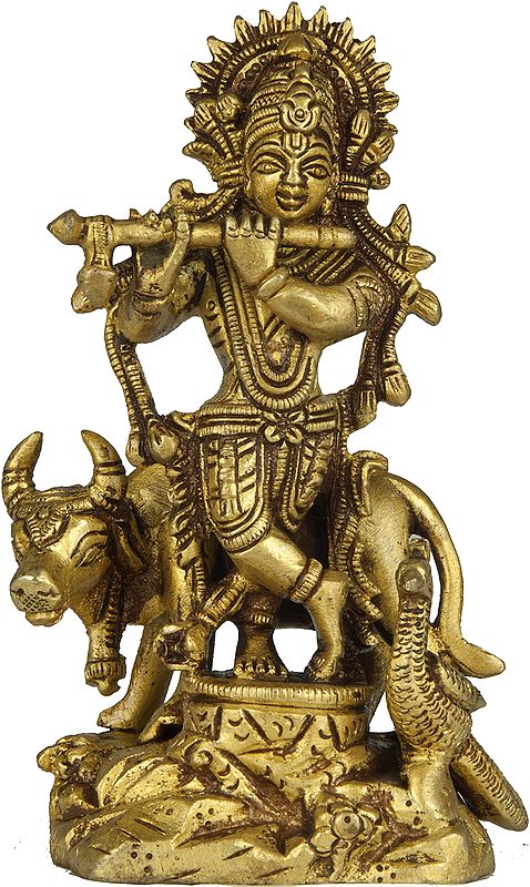 Lord Krishna with His Cow and Peacock