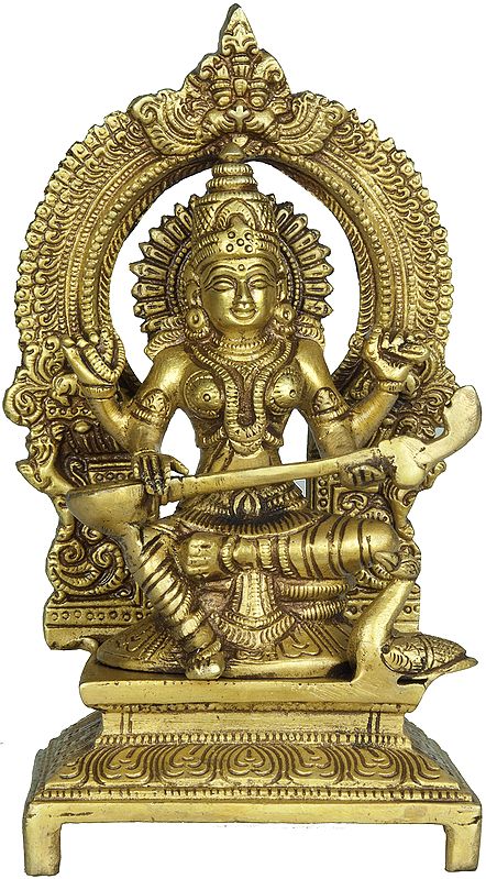 7" Goddess Saraswati Seated on Throne with Floral Aureole In Brass | Handmade | Made In India