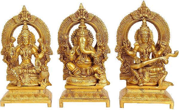 7" Set Three Statues - Lakshmi, Ganesha and Saraswati In Brass | Handmade | Made In India