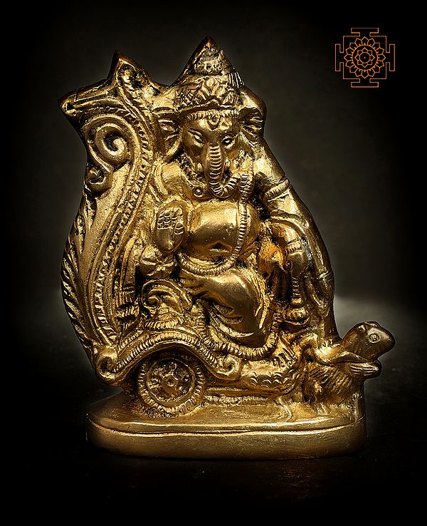 4" Brass Lord Ganesha Idol on a Chariot Pulled by Rat | Handmade | Made in India