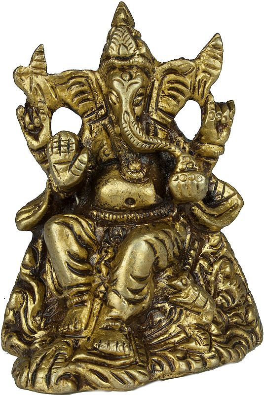 2" Lord Ganesha Idol Seated on Mountain | Handmade Brass Statue