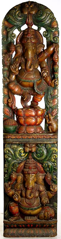 Twin Ganesha Panel - Dancing and Seated