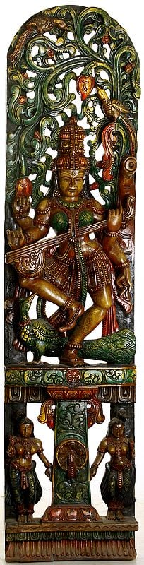 Saraswati - Goddess Of Wisdom And Arts In Dancing Pose in the Backdrop of  Floral Aureole