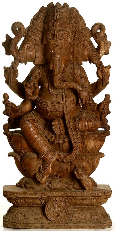 Trimukha Ganesha Seated In Lalitasana On Lotus