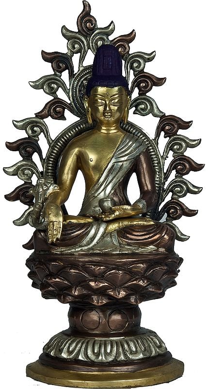Tibetan Buddhist God Bhaishajyaguru - The Medicine Buddha Seated High on Lotus Pedestal