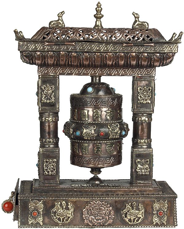 Enshrined Prayer Wheel with Incense Holder and Burner