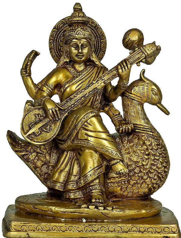 Goddess Saraswati Seated on Swan Wearing a Sari