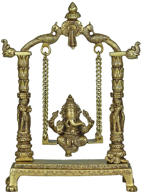 11" Brass Lord Ganesha Statue on a Swing | Handmade | Made in India