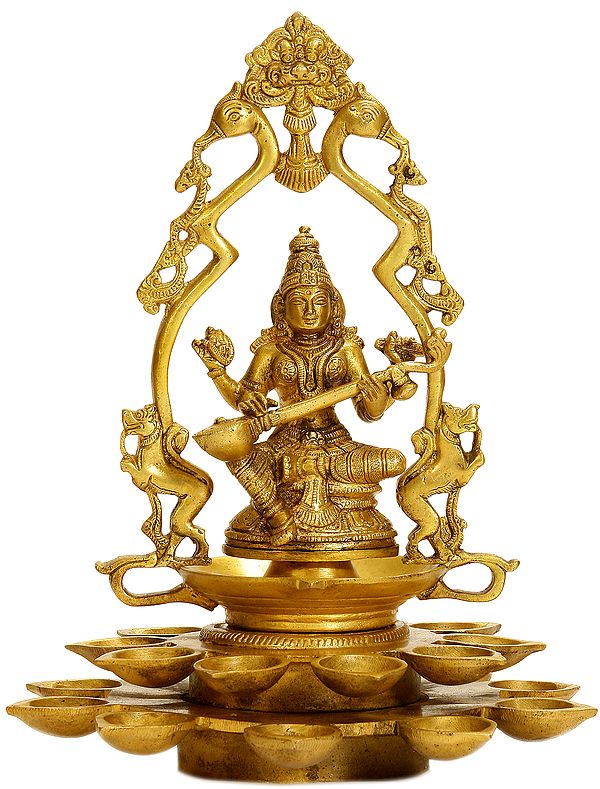 12" Goddess Saraswati in Mayura-Prabhavali In Brass | Handmade | Made In India
