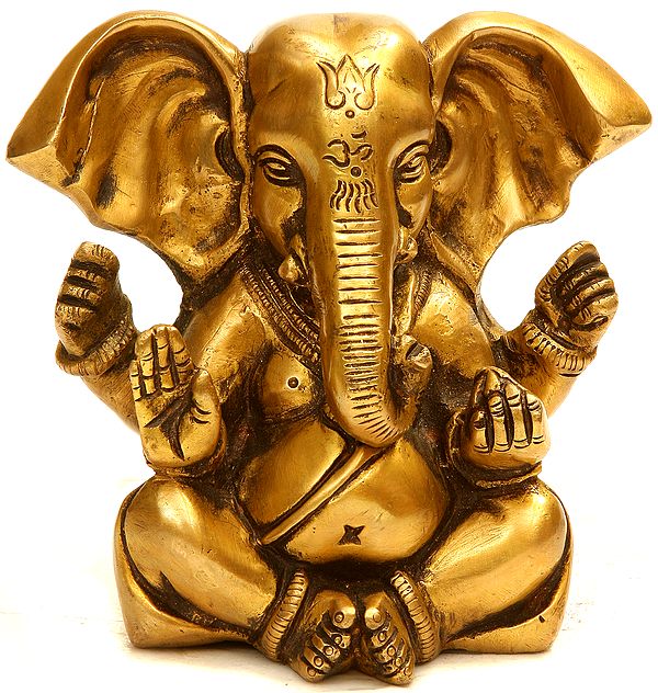 Four Armed Seated Ganesha with Trident Mark and Large Ears