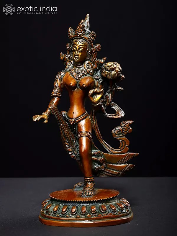 9" Tibetan Buddhist Goddess Standing Tara In Brass | Handmade | Made In India