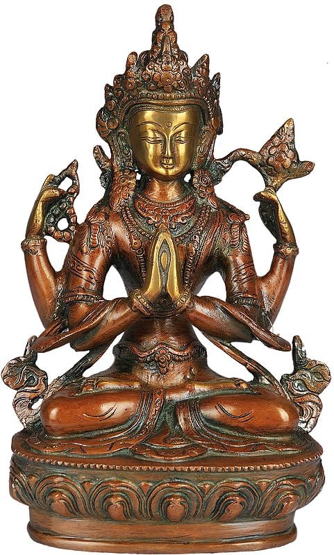 8" (Tibetan Buddhist Deity) The Four Armed Avalokiteshvara In Brass | Handmade | Made In India