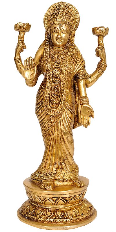 11" Goddess Lakshmi Wearing Sari In Brass | Handmade | Made In India