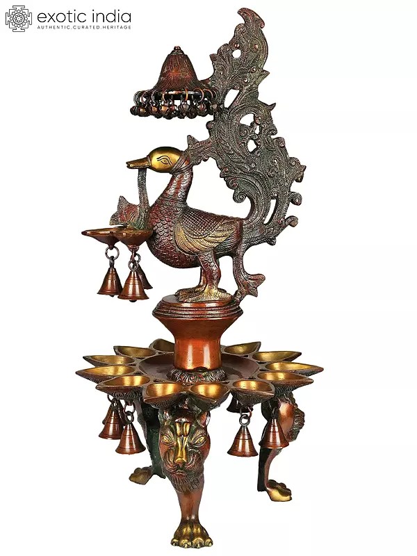 25" Peacock Lamp with Bells and Ghungroos in Brass | Handmade | Made in India