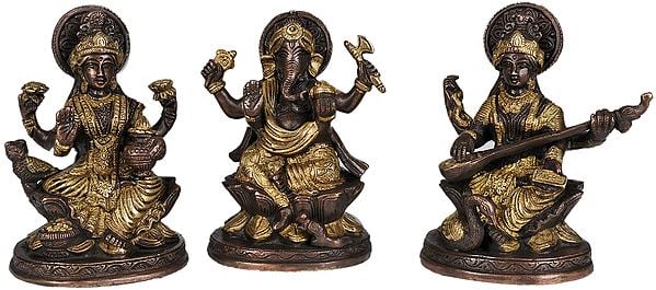 5" Lakshmi Ganesha Saraswati - Set of Three Statues In Brass | Handmade | Made In India