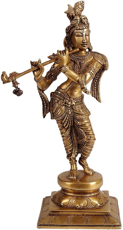 12" Lord Krishna Playing on Flute In Brass | Handmade | Made In India