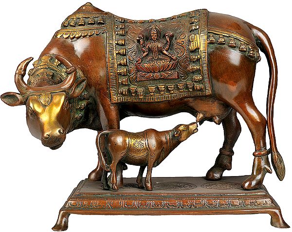11" Brass Cow and Calf Figurines (Saddle Decorated with Goddess Lakshmi) | Handmade | Made in India