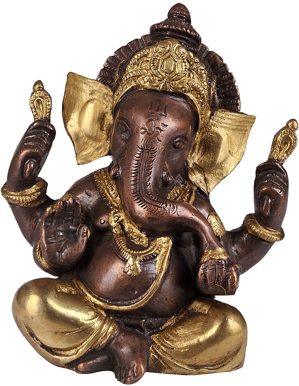5" Baby Ganesha Idol in Brown and Golden Hues with Large Ears in Brass | Handmade | Made in India