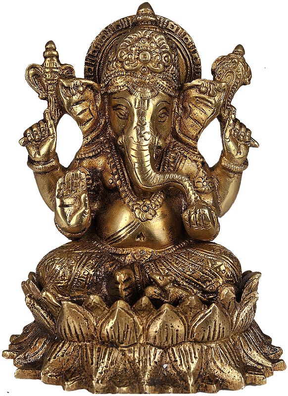 5" Kamalasana Ganesha Idol Enjoying Modak in Brass | Handmade | Made in India