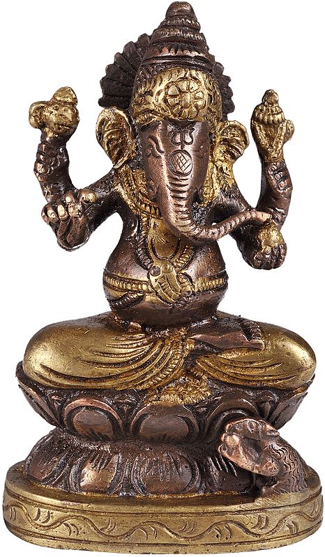 3" Four-Armed Seated Ganesha Idol in Brown and Golden Hues in Brass | Handmade