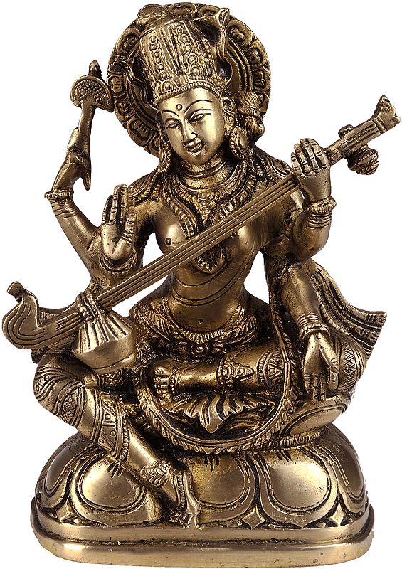 7" Goddess Saraswati In Brass | Handmade | Made In India