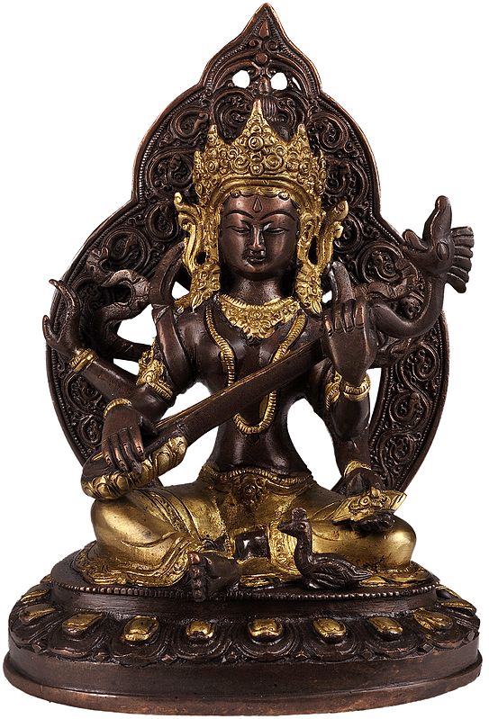 9" Four-Armed Seated Saraswati in Golden and Brown Hues In Brass | Handmade | Made In India