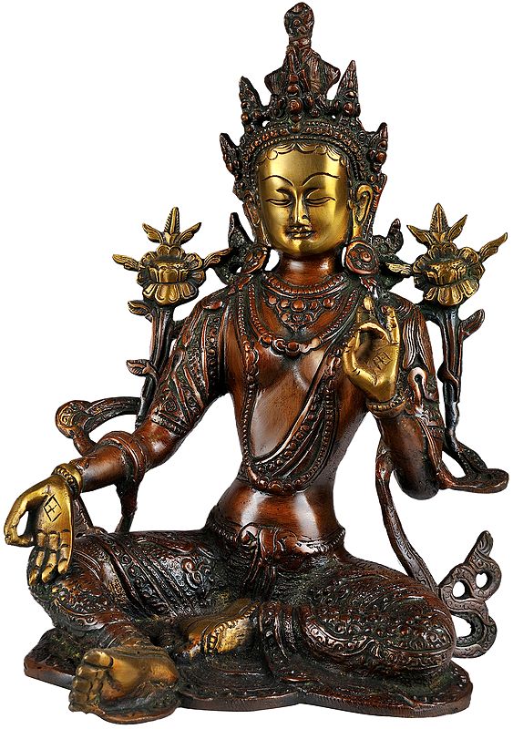 10" Tibetan Buddhist Goddess Green Tara in Brown and Golden Hues In Brass | Handmade | Made In India