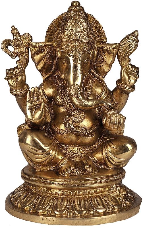 8" Lord Ganesha Enjoying Modak In Brass | Handmade | Made In India