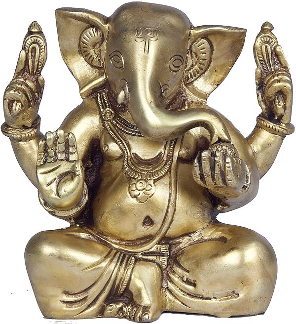 Four Armed Seated Ganesha with Trident Mark on Forehead
