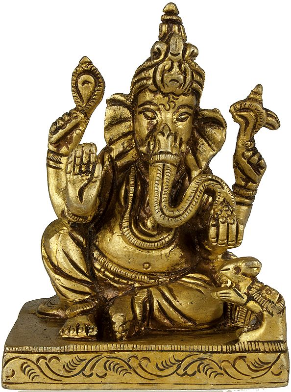 2" Four Armed Seated Ganesha Idol in Brass | Handmade Brass Statue
