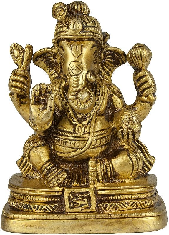 3" Brass Four-Armed Ganesha Idol with Peacock Feather in Crown | Handmade | Made in India