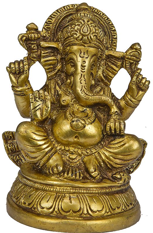 3" Four-Armed Ganesha Statue Seated in Easy Posture on Lotus in Brass | Handmade