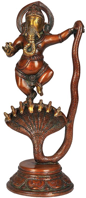 12" Lord Ganesha Dancing on Seven-Hooded Serpent In Brass | Handmade | Made In India