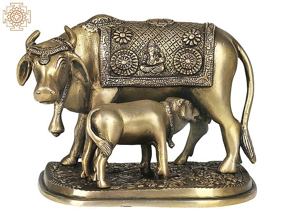 8" Cow and Calf - Most Sacred Animal of India (Saddle Decorated with the Figure of Ganesha) In Brass | Handmade | Made In India