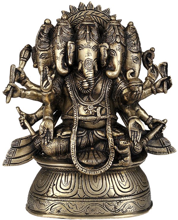Five-Headed Seated Ganesha Idol with Ten Arms