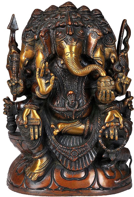 11" Five Headed Ganesha Idol Seated in Lalitasana | Handmade Brass Statue | Made in India