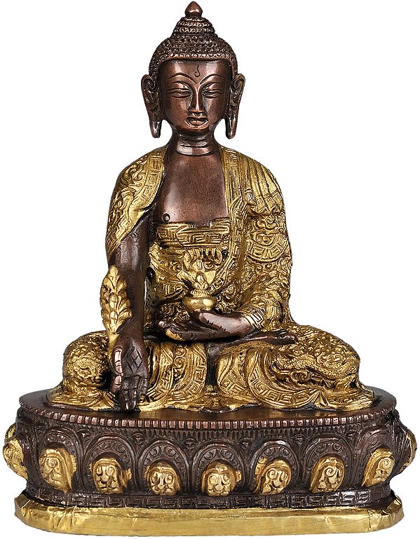 7" Buddhist Deity Medicine Buddha Idol in Golden and Brown Hues | Handmade Brass Statue| Made in India