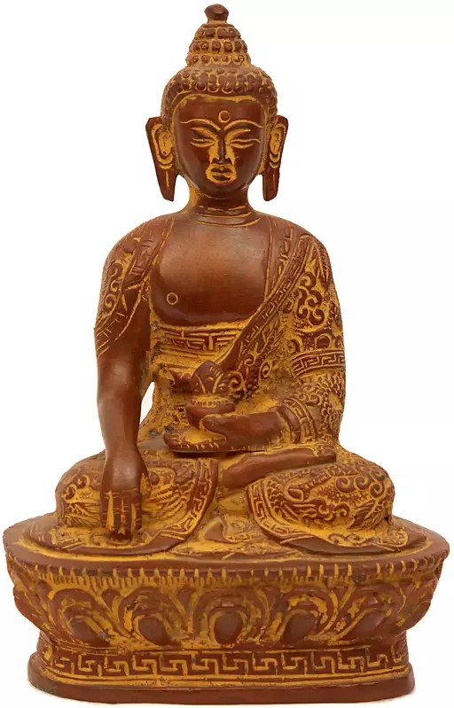 7" Brass Vajrasana Buddha Statue (Robes Decorated with Auspicious Symbols) | Handmade