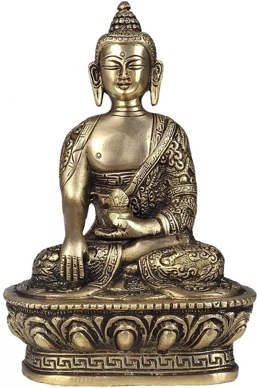 7" Brass Vajrasana Buddha Statue (Robes Decorated with Auspicious Symbols) | Handmade