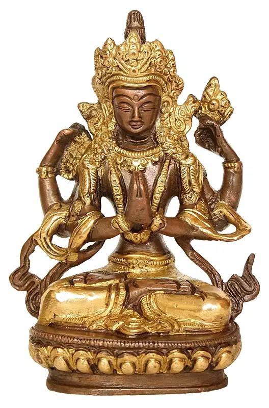 5" Tibetan Buddhist Deity Chenrezig (Shadakshari Lokeshvara) Statue in Brass