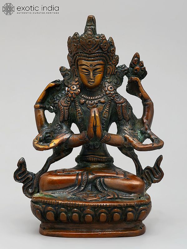 5" Tibetan Buddhist Deity Chenrezig (Shadakshari Lokeshvara) Statue in Brass