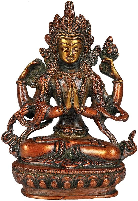 5" Tibetan Buddhist Deity Chenrezig (Shadakshari Lokeshvara) Statue in Brass